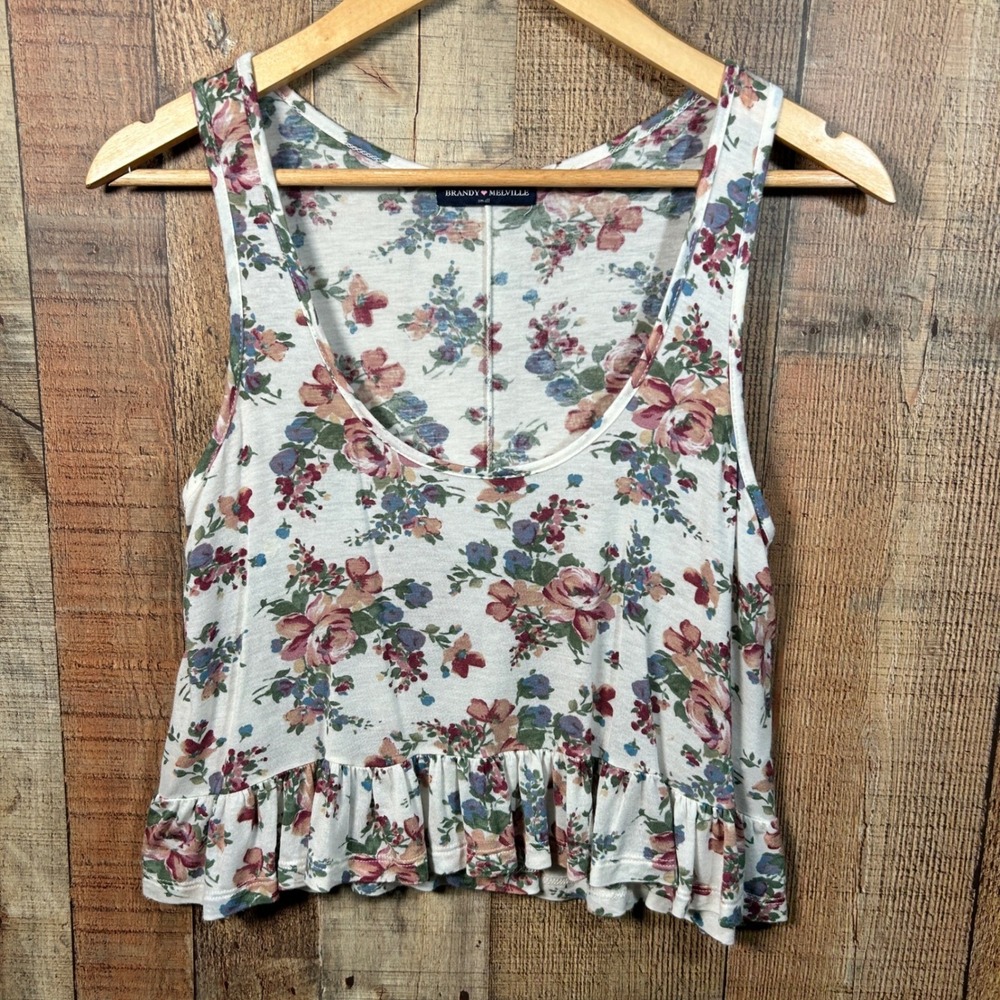 Brandy Melville Floral Ruffle Tank Top Coquette Cami Jersey Knit Tee Small